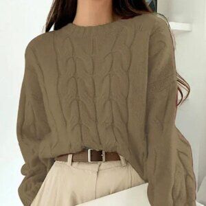 COFFEE COLOR ONE SIZE FITS ALL CREW RIB FISHERMAN/CABLE KNIT OVERSIZED SWEATER